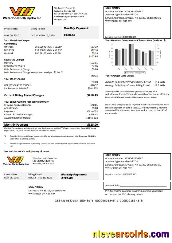 USA Nevada Waterloo North Hydro utility bill